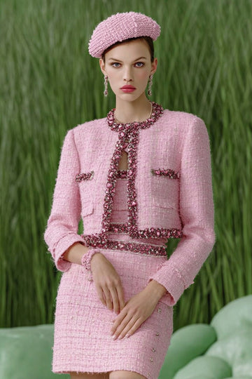 2-Piece Pink Tweed Tea Party Dress with Beading